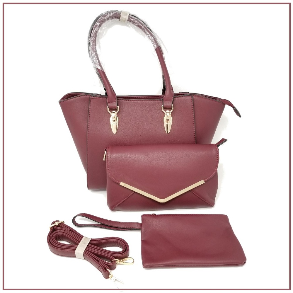 3 In 1 Leather Purse Set - Wine